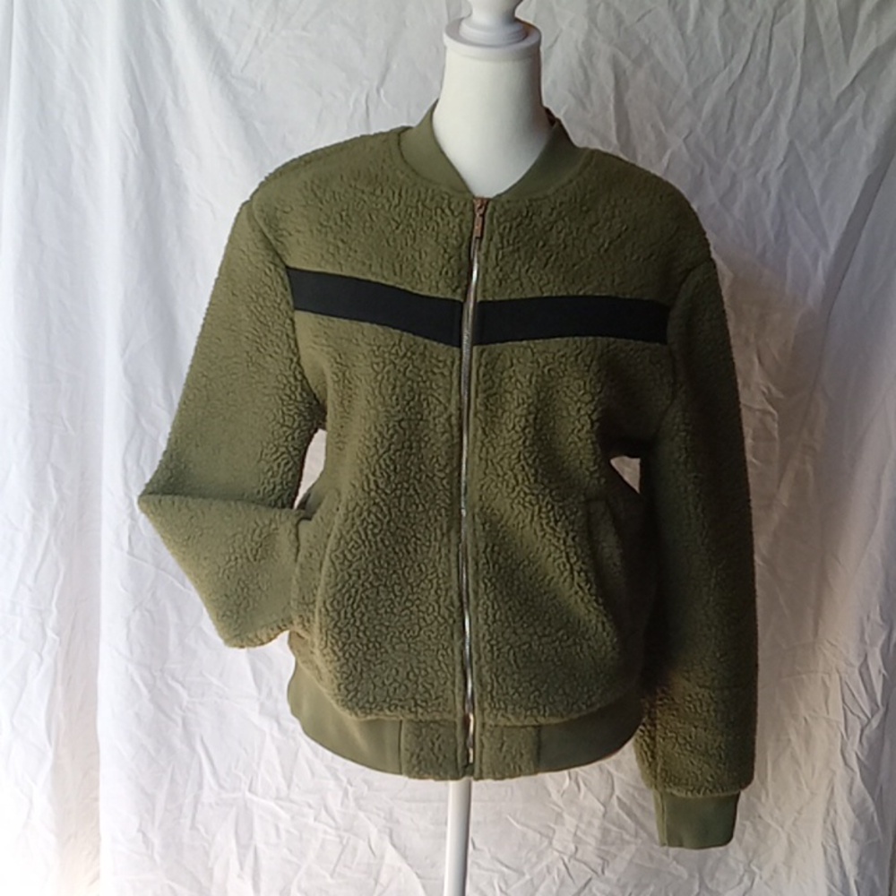 ZYIA Active Flying V Fleece Teddy Bomber Jacket Size S Army Green - Picture 10 of 10